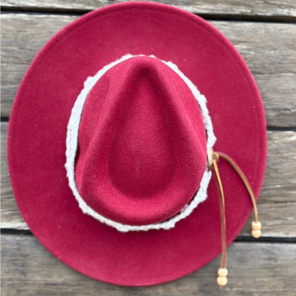 Red Wool Wide Brim Hat with Boho Band - Picture 7 of 9